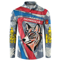 Mongolia Button Sweatshirt with Tribal Wolf Clouds Red Blue Flag Spirit