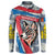 Mongolia Button Sweatshirt with Tribal Wolf Clouds Red Blue Flag Spirit
