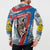 Mongolia Button Sweatshirt with Tribal Wolf Clouds Red Blue Flag Spirit