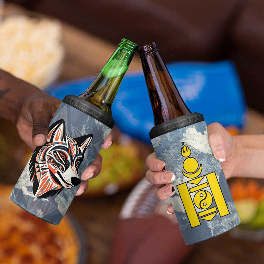 Mongolia 4 in 1 Can Cooler Tumbler with Tribal Wolf Clouds Red Blue Flag Spirit