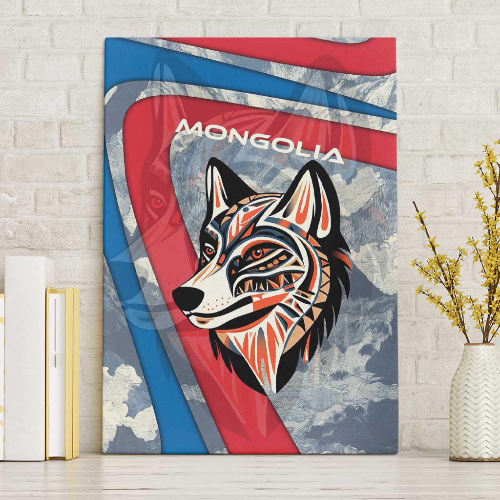 Mongolia Canvas Wall Art with Tribal Wolf Clouds Red Blue Flag Spirit