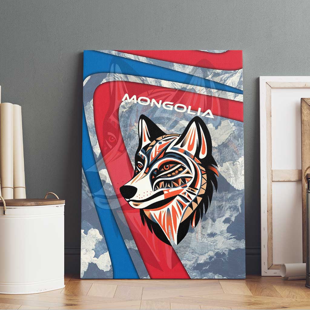 Mongolia Canvas Wall Art with Tribal Wolf Clouds Red Blue Flag Spirit