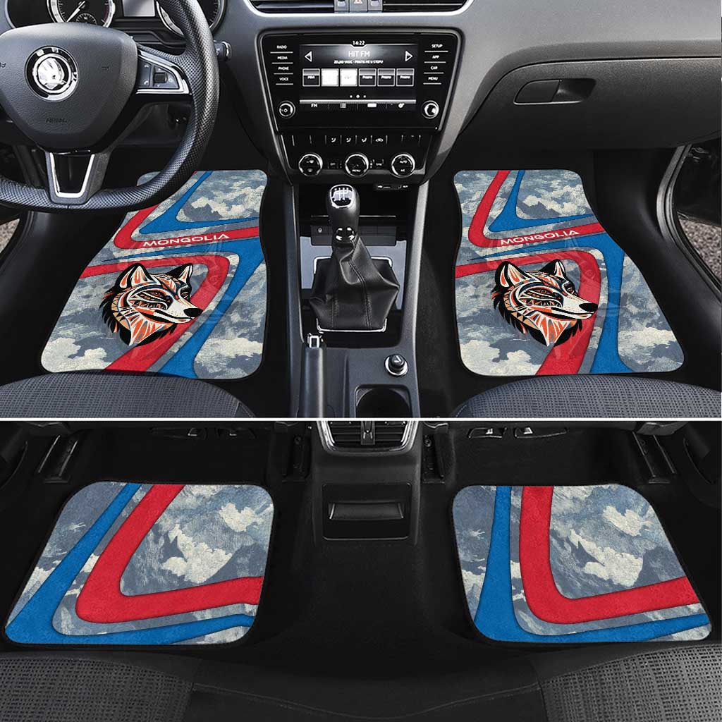 Mongolia Car Mats with Tribal Wolf Clouds Red Blue Flag Spirit