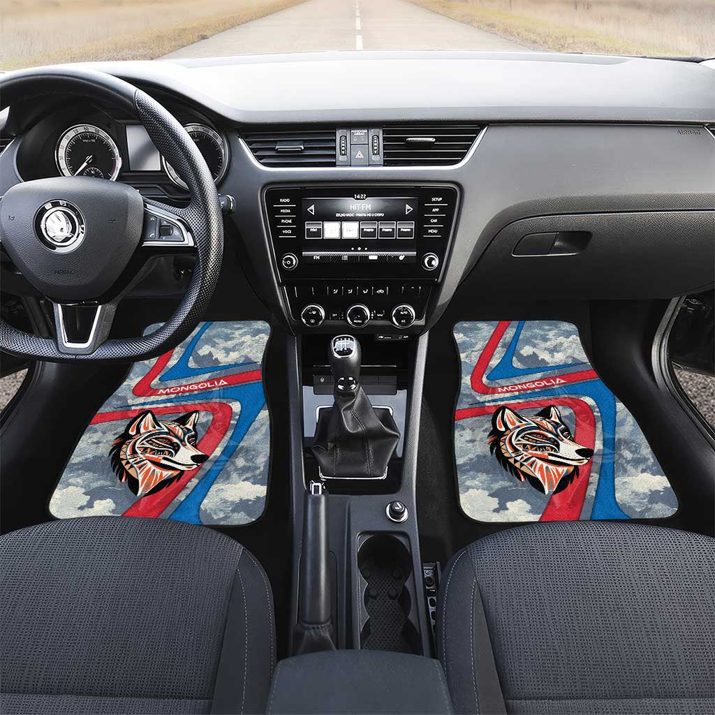 Mongolia Car Mats with Tribal Wolf Clouds Red Blue Flag Spirit