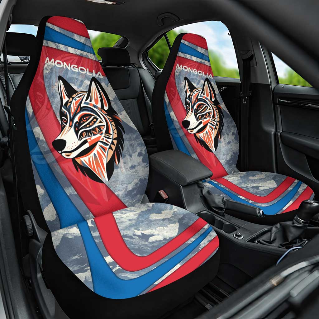 Mongolia Car Seat Cover with Tribal Wolf Clouds Red Blue Flag Spirit