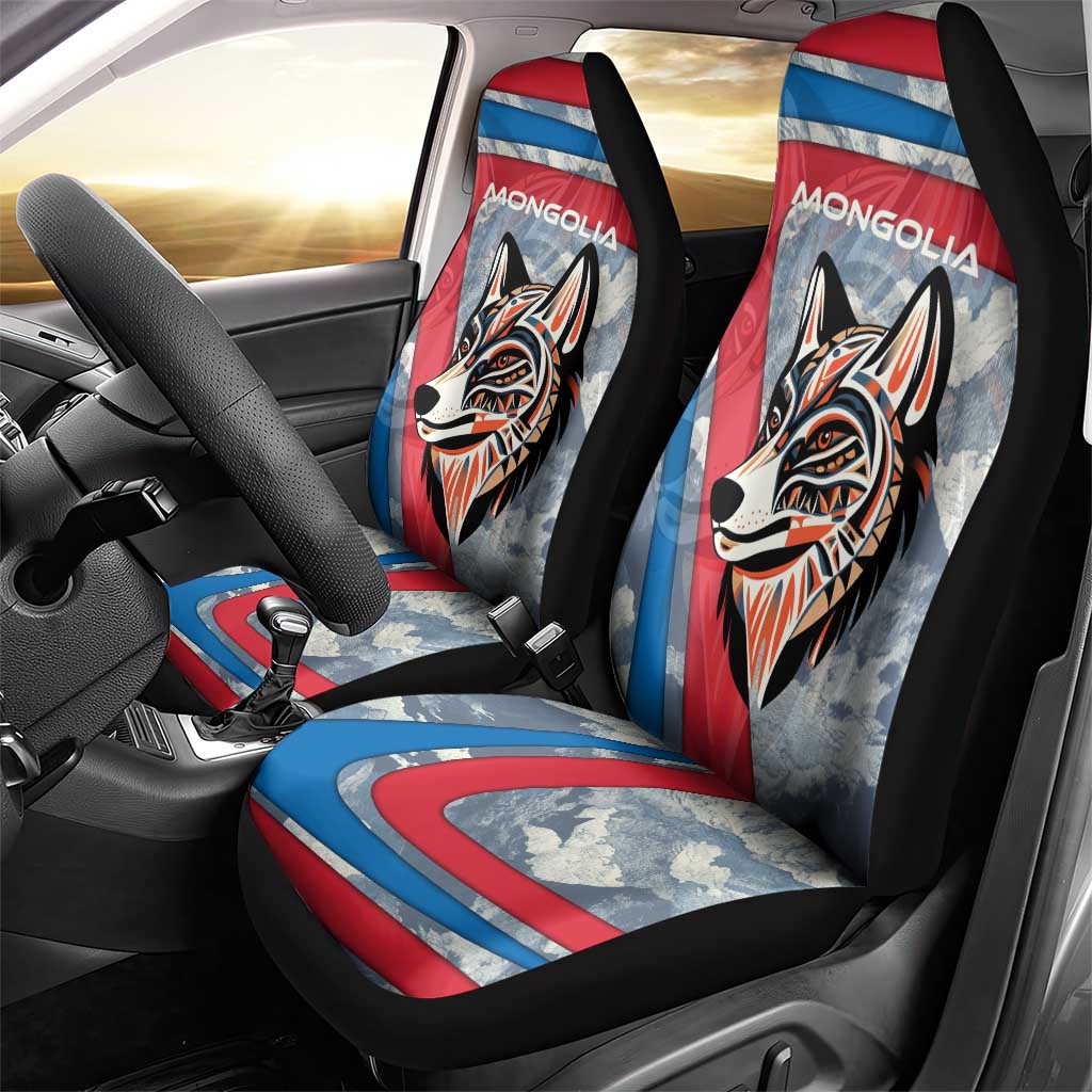 Mongolia Car Seat Cover with Tribal Wolf Clouds Red Blue Flag Spirit