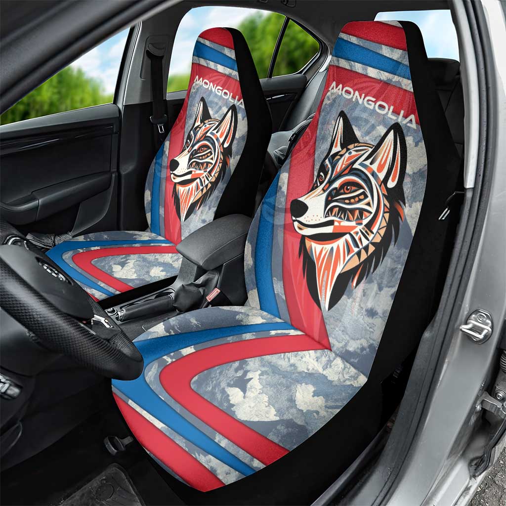 Mongolia Car Seat Cover with Tribal Wolf Clouds Red Blue Flag Spirit