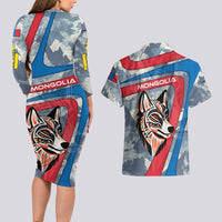 Mongolia Couples Matching Long Sleeve Bodycon Dress and Hawaiian Shirt with Tribal Wolf Clouds Red Blue Flag Spirit