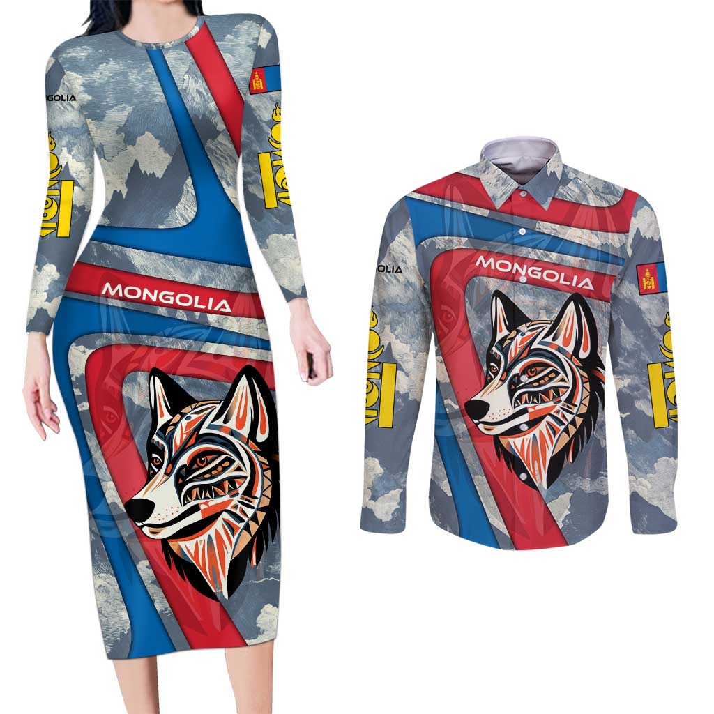 Mongolia Couples Matching Long Sleeve Bodycon Dress and Long Sleeve Button Shirt with Tribal Wolf Clouds Red Blue Flag Spirit