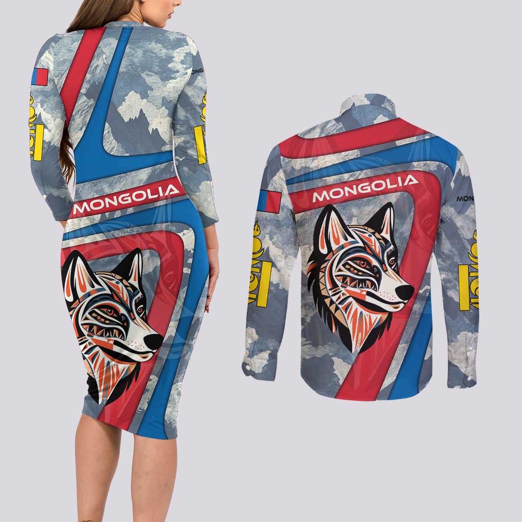 Mongolia Couples Matching Long Sleeve Bodycon Dress and Long Sleeve Button Shirt with Tribal Wolf Clouds Red Blue Flag Spirit