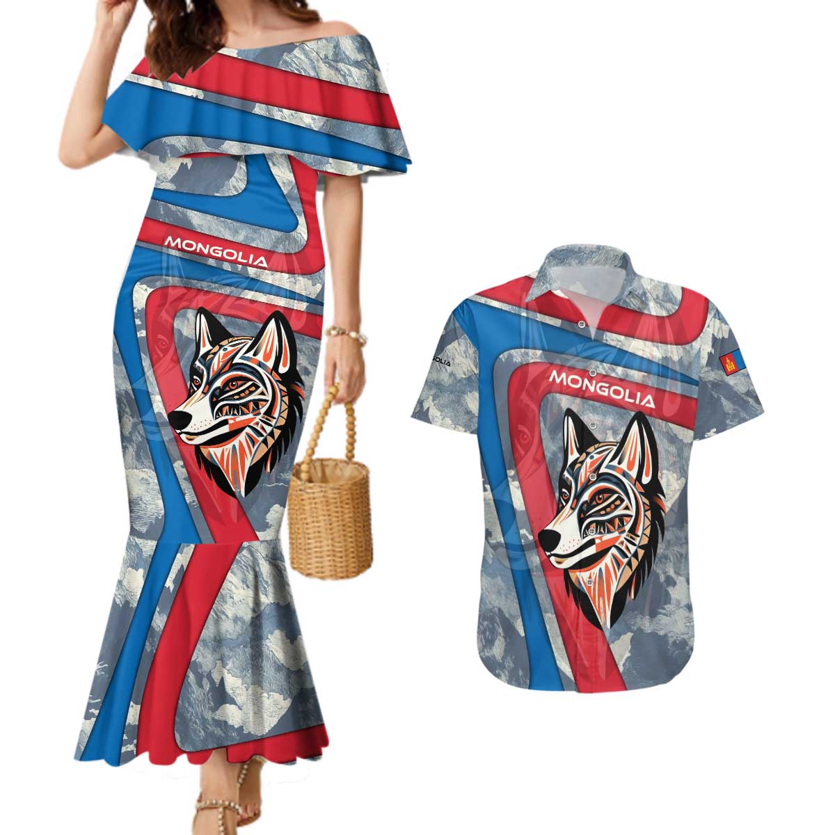 Mongolia Couples Matching Mermaid Dress and Hawaiian Shirt with Tribal Wolf Clouds Red Blue Flag Spirit