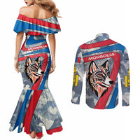 Mongolia Couples Matching Mermaid Dress and Long Sleeve Button Shirt with Tribal Wolf Clouds Red Blue Flag Spirit