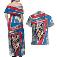 Mongolia Couples Matching Off Shoulder Maxi Dress and Hawaiian Shirt with Tribal Wolf Clouds Red Blue Flag Spirit