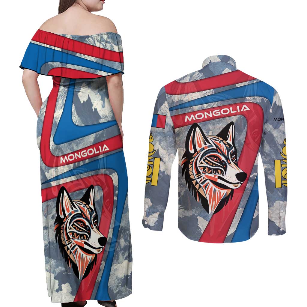 Mongolia Couples Matching Off Shoulder Maxi Dress and Long Sleeve Button Shirt with Tribal Wolf Clouds Red Blue Flag Spirit