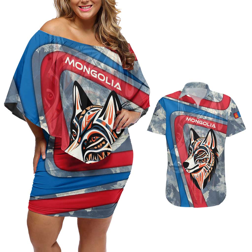 Mongolia Couples Matching Off Shoulder Short Dress and Hawaiian Shirt with Tribal Wolf Clouds Red Blue Flag Spirit