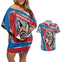 Mongolia Couples Matching Off Shoulder Short Dress and Hawaiian Shirt with Tribal Wolf Clouds Red Blue Flag Spirit