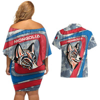 Mongolia Couples Matching Off Shoulder Short Dress and Hawaiian Shirt with Tribal Wolf Clouds Red Blue Flag Spirit