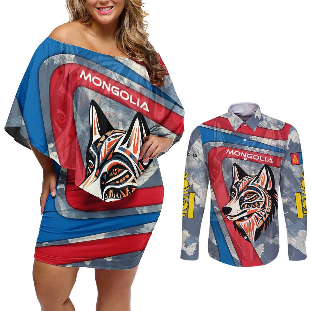 Mongolia Couples Matching Off Shoulder Short Dress and Long Sleeve Button Shirt with Tribal Wolf Clouds Red Blue Flag Spirit