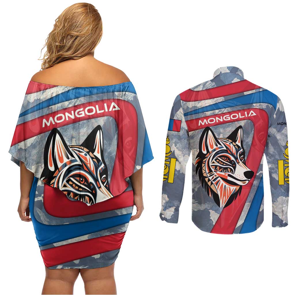 Mongolia Couples Matching Off Shoulder Short Dress and Long Sleeve Button Shirt with Tribal Wolf Clouds Red Blue Flag Spirit