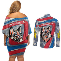 Mongolia Couples Matching Off Shoulder Short Dress and Long Sleeve Button Shirt with Tribal Wolf Clouds Red Blue Flag Spirit