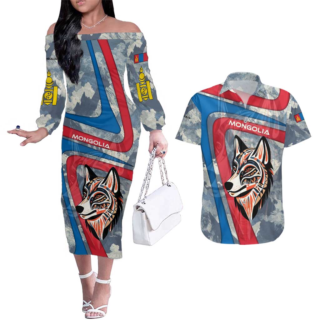Mongolia Couples Matching Off The Shoulder Long Sleeve Dress and Hawaiian Shirt with Tribal Wolf Clouds Red Blue Flag Spirit