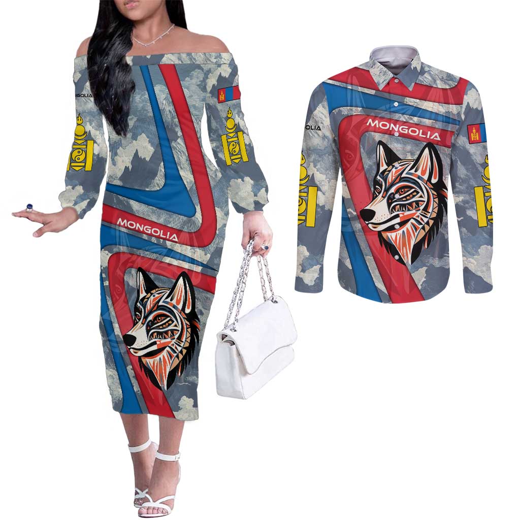 Mongolia Couples Matching Off The Shoulder Long Sleeve Dress and Long Sleeve Button Shirt with Tribal Wolf Clouds Red Blue Flag Spirit
