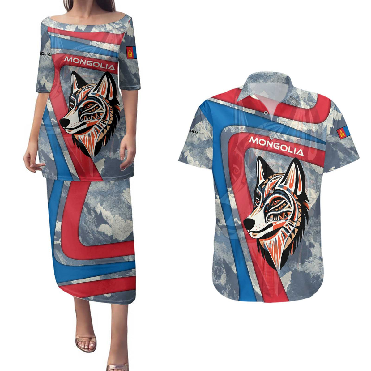 Mongolia Couples Matching Puletasi and Hawaiian Shirt with Tribal Wolf Clouds Red Blue Flag Spirit
