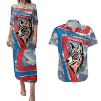 Mongolia Couples Matching Puletasi and Hawaiian Shirt with Tribal Wolf Clouds Red Blue Flag Spirit