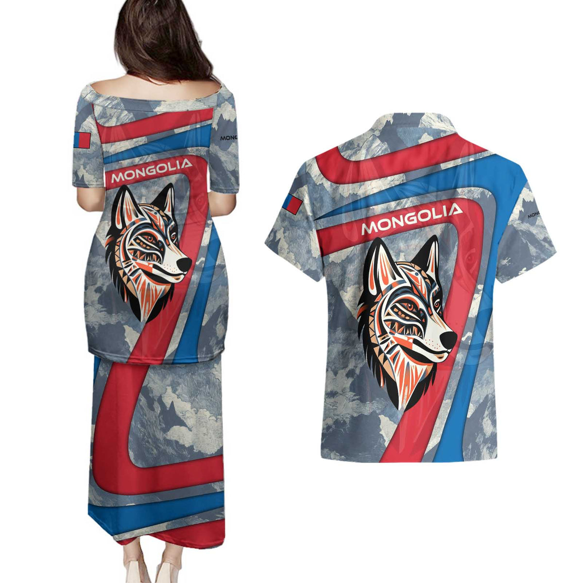 Mongolia Couples Matching Puletasi and Hawaiian Shirt with Tribal Wolf Clouds Red Blue Flag Spirit