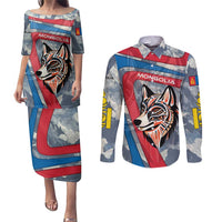 Mongolia Couples Matching Puletasi and Long Sleeve Button Shirt with Tribal Wolf Clouds Red Blue Flag Spirit