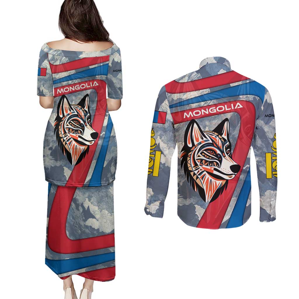 Mongolia Couples Matching Puletasi and Long Sleeve Button Shirt with Tribal Wolf Clouds Red Blue Flag Spirit