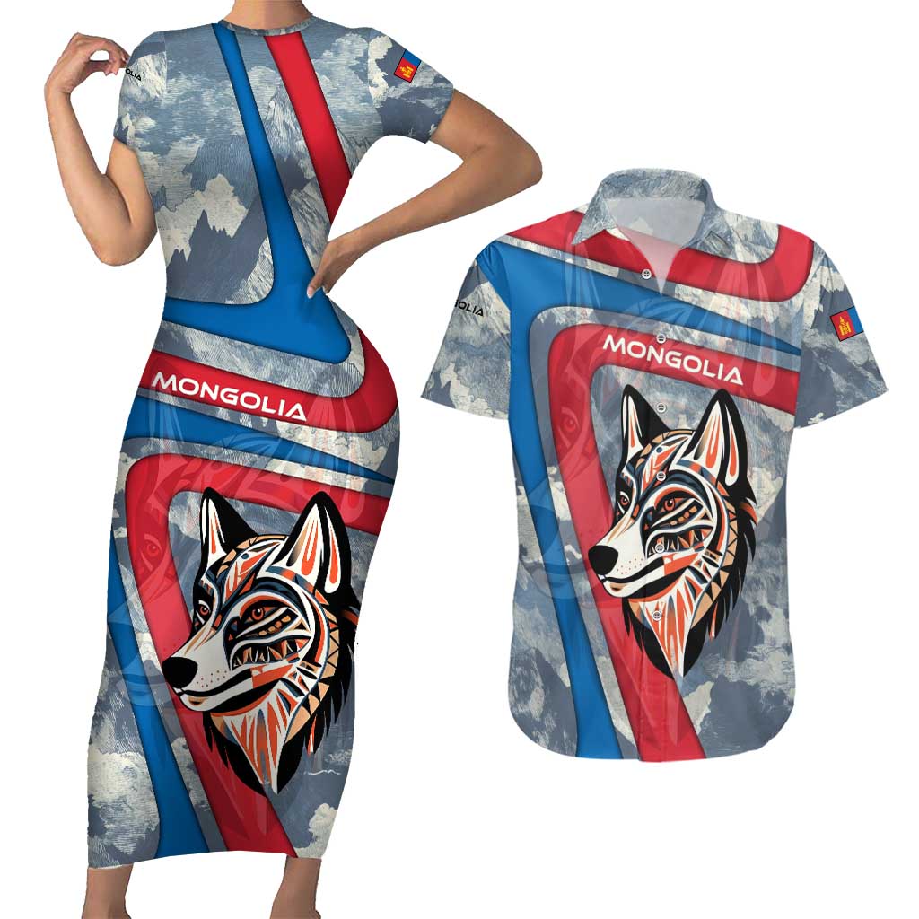 Mongolia Couples Matching Short Sleeve Bodycon Dress and Hawaiian Shirt with Tribal Wolf Clouds Red Blue Flag Spirit