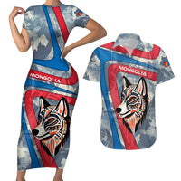Mongolia Couples Matching Short Sleeve Bodycon Dress and Hawaiian Shirt with Tribal Wolf Clouds Red Blue Flag Spirit