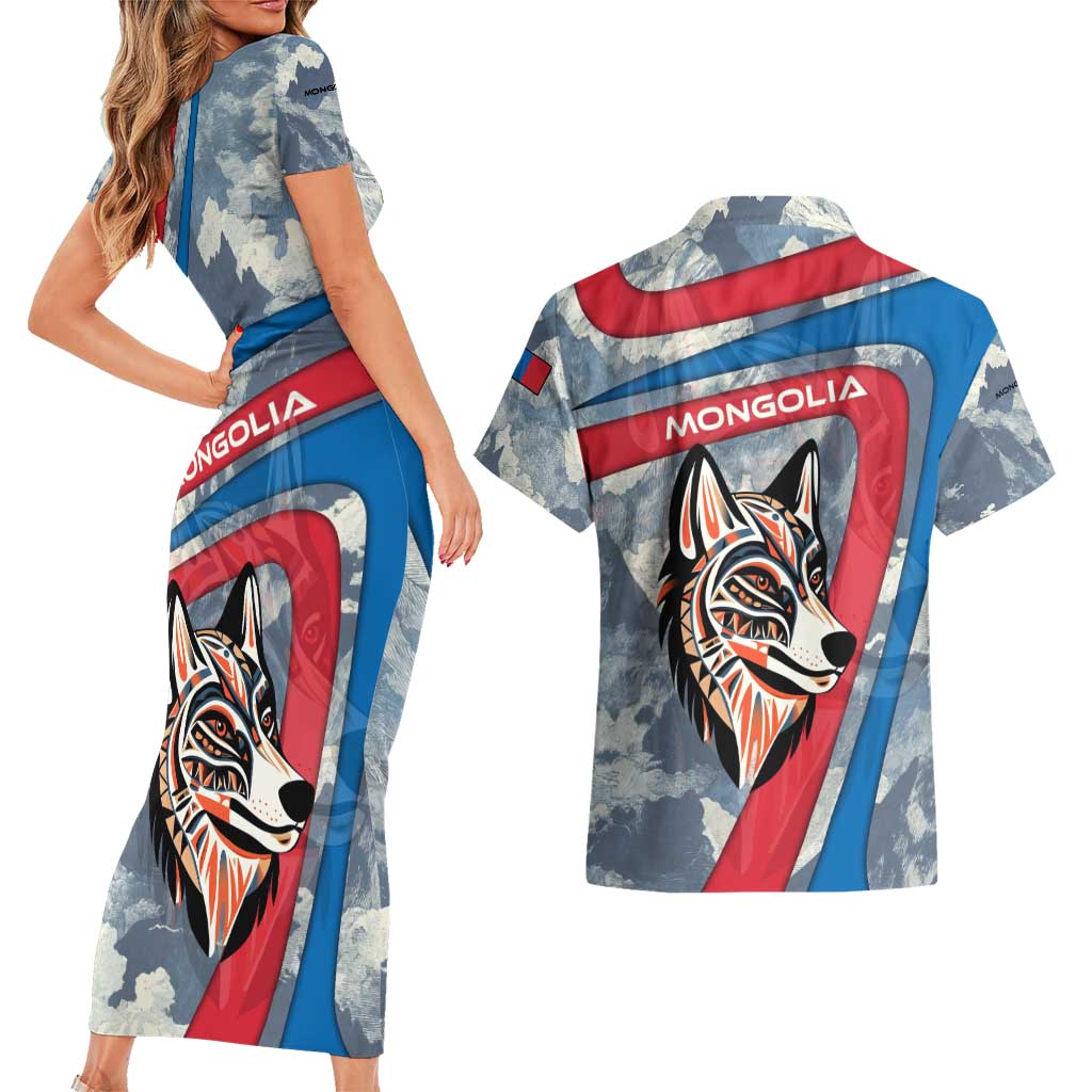 Mongolia Couples Matching Short Sleeve Bodycon Dress and Hawaiian Shirt with Tribal Wolf Clouds Red Blue Flag Spirit