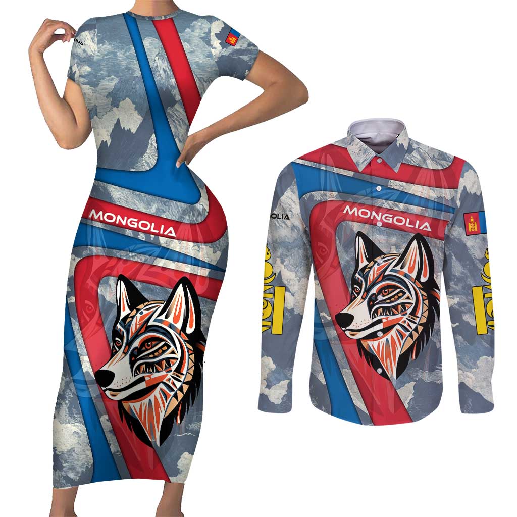Mongolia Couples Matching Short Sleeve Bodycon Dress and Long Sleeve Button Shirt with Tribal Wolf Clouds Red Blue Flag Spirit