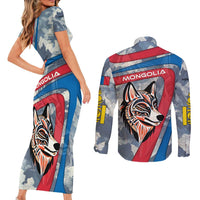 Mongolia Couples Matching Short Sleeve Bodycon Dress and Long Sleeve Button Shirt with Tribal Wolf Clouds Red Blue Flag Spirit