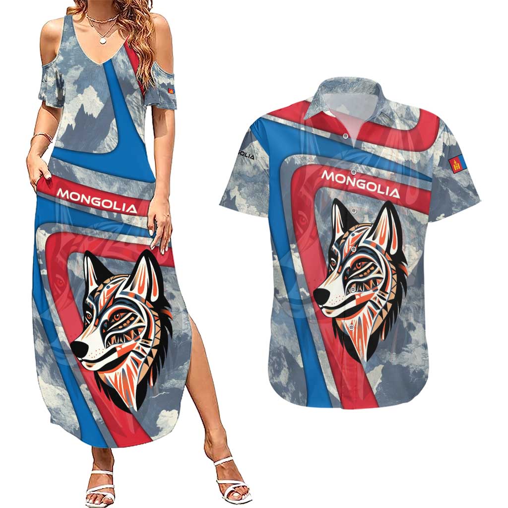 Mongolia Couples Matching Summer Maxi Dress and Hawaiian Shirt with Tribal Wolf Clouds Red Blue Flag Spirit