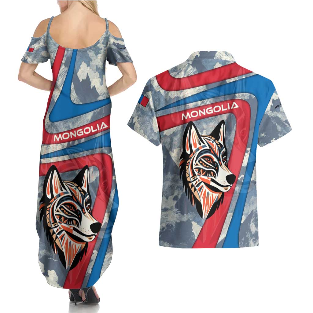 Mongolia Couples Matching Summer Maxi Dress and Hawaiian Shirt with Tribal Wolf Clouds Red Blue Flag Spirit