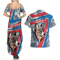 Mongolia Couples Matching Summer Maxi Dress and Hawaiian Shirt with Tribal Wolf Clouds Red Blue Flag Spirit
