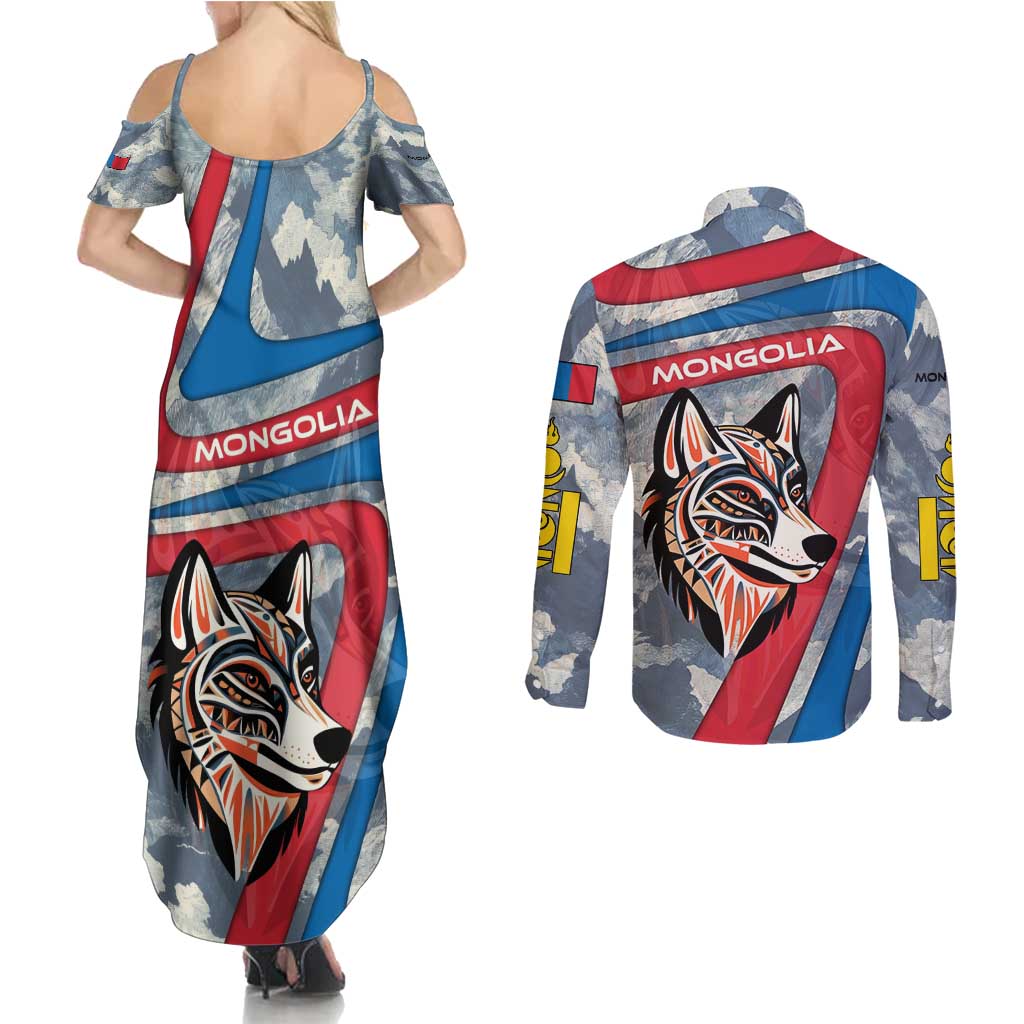 Mongolia Couples Matching Summer Maxi Dress and Long Sleeve Button Shirt with Tribal Wolf Clouds Red Blue Flag Spirit