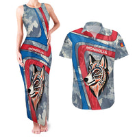 Mongolia Couples Matching Tank Maxi Dress and Hawaiian Shirt with Tribal Wolf Clouds Red Blue Flag Spirit