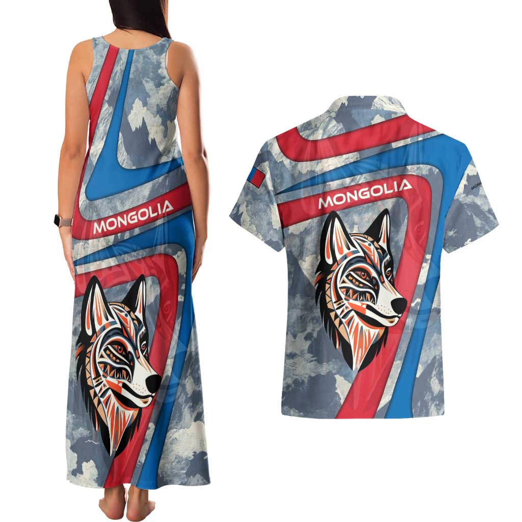 Mongolia Couples Matching Tank Maxi Dress and Hawaiian Shirt with Tribal Wolf Clouds Red Blue Flag Spirit