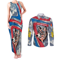Mongolia Couples Matching Tank Maxi Dress and Long Sleeve Button Shirt with Tribal Wolf Clouds Red Blue Flag Spirit