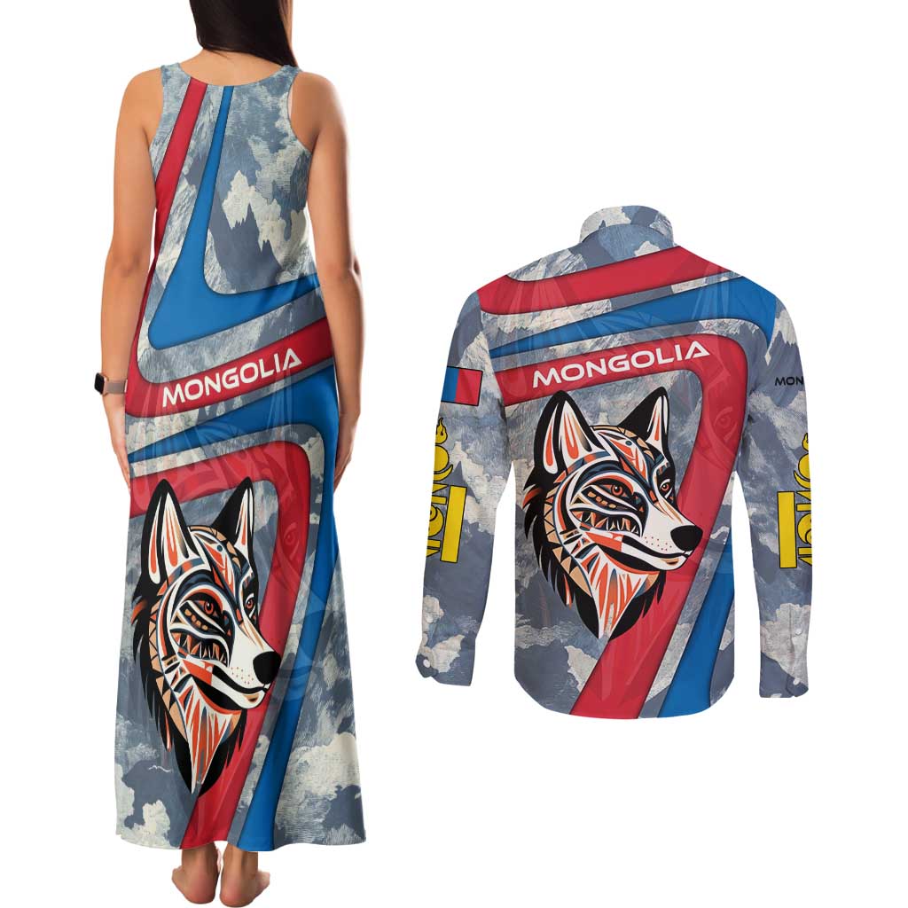 Mongolia Couples Matching Tank Maxi Dress and Long Sleeve Button Shirt with Tribal Wolf Clouds Red Blue Flag Spirit