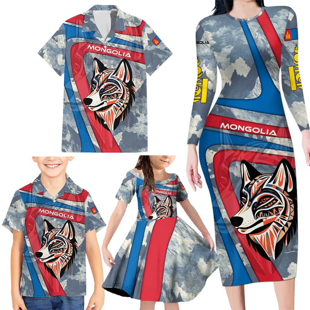 Mongolia Family Matching Long Sleeve Bodycon Dress and Hawaiian Shirt with Tribal Wolf Clouds Red Blue Flag Spirit