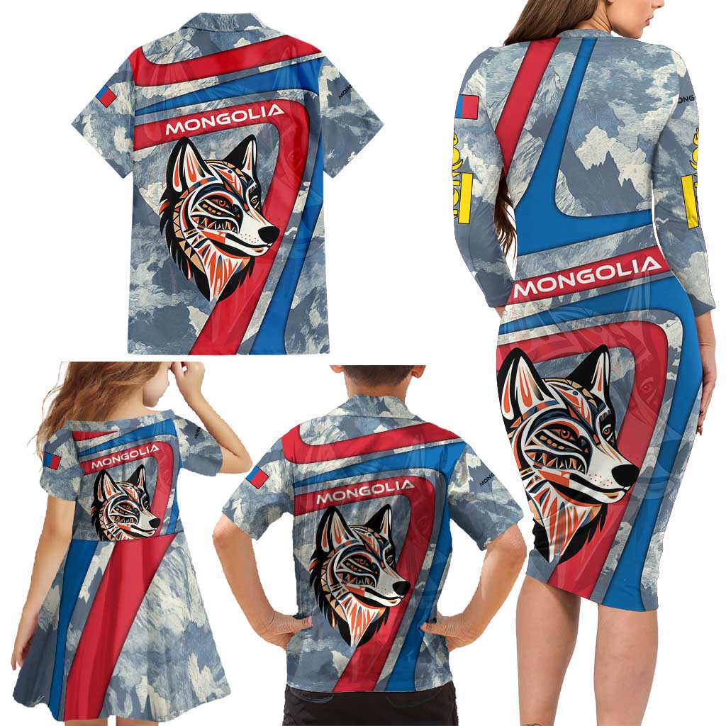 Mongolia Family Matching Long Sleeve Bodycon Dress and Hawaiian Shirt with Tribal Wolf Clouds Red Blue Flag Spirit