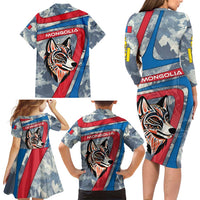 Mongolia Family Matching Long Sleeve Bodycon Dress and Hawaiian Shirt with Tribal Wolf Clouds Red Blue Flag Spirit