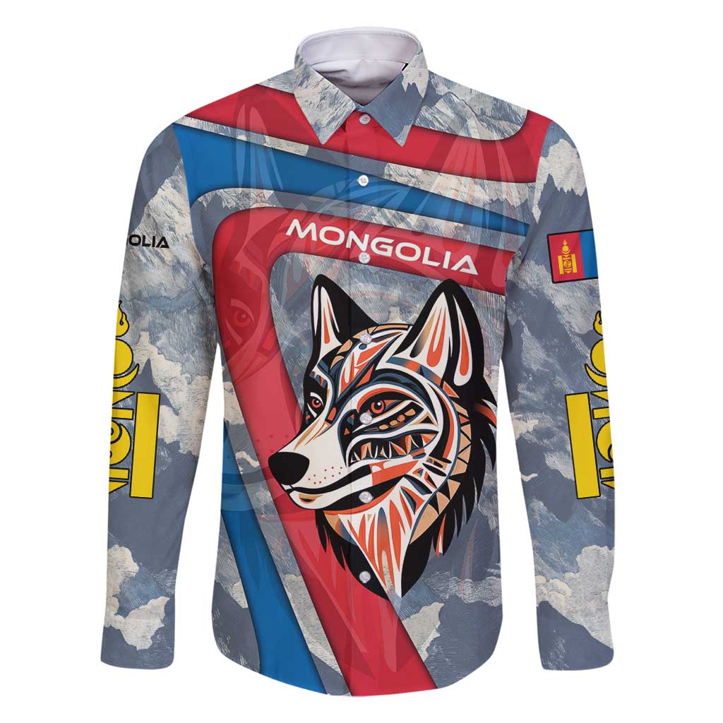 Mongolia Family Matching Long Sleeve Bodycon Dress and Hawaiian Shirt with Tribal Wolf Clouds Red Blue Flag Spirit