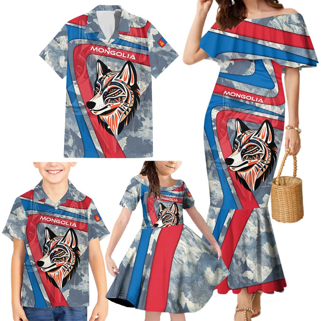 Mongolia Family Matching Mermaid Dress and Hawaiian Shirt with Tribal Wolf Clouds Red Blue Flag Spirit