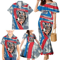 Mongolia Family Matching Mermaid Dress and Hawaiian Shirt with Tribal Wolf Clouds Red Blue Flag Spirit